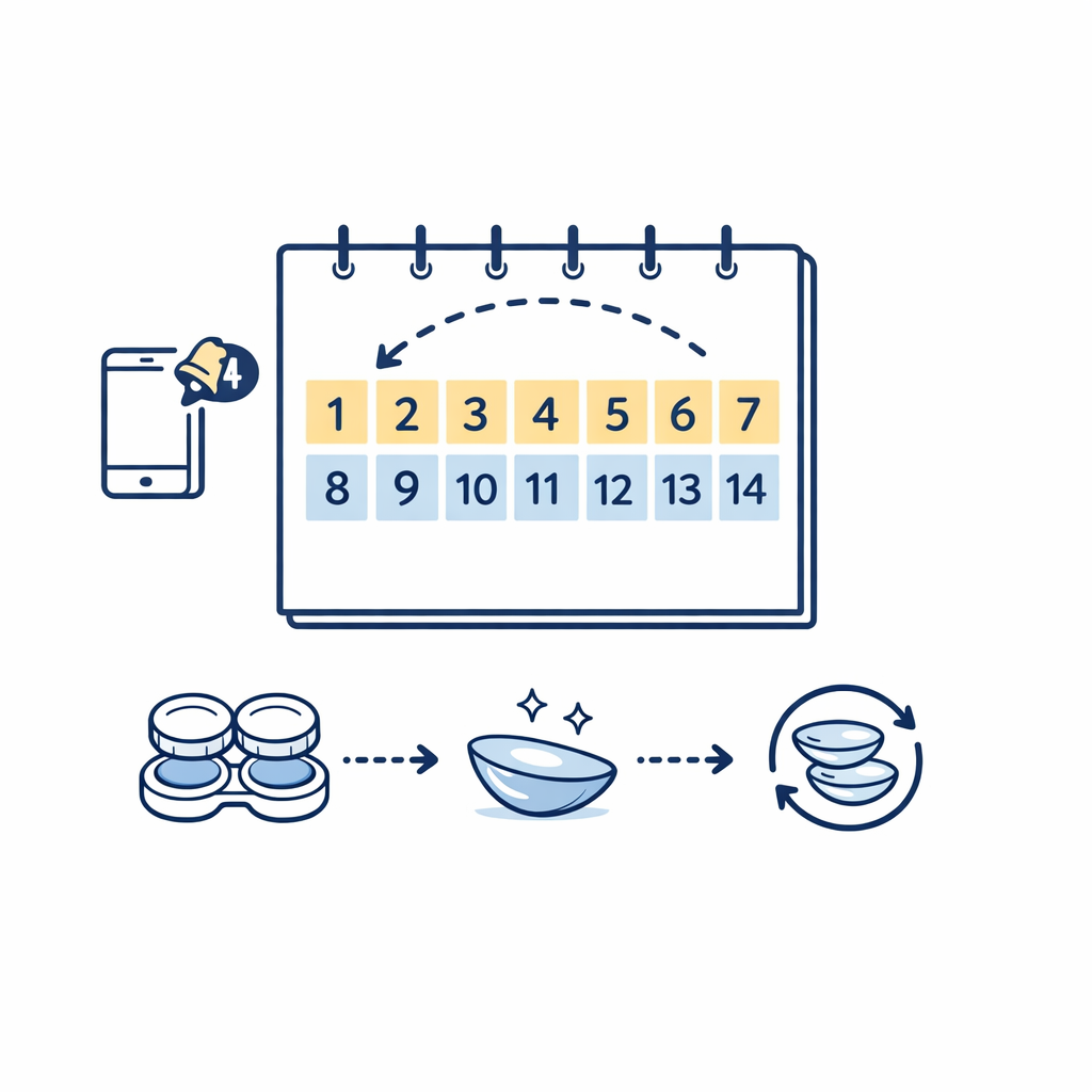 A simple calendar and phone reminder illustrate the two-week replacement routine for reusable contact lenses.