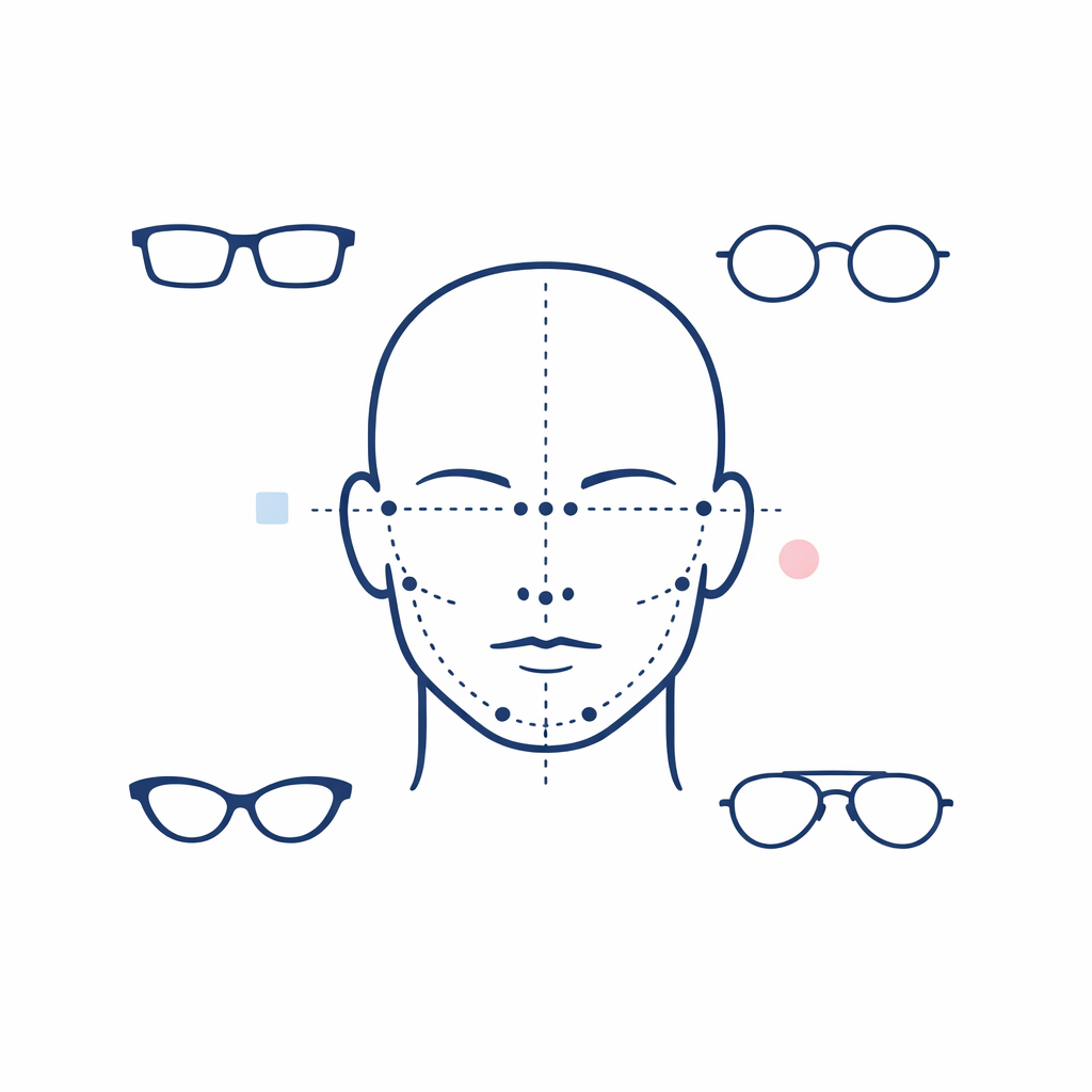 A front-facing portrait diagram highlights facial landmarks used by glasses recommendation tools.