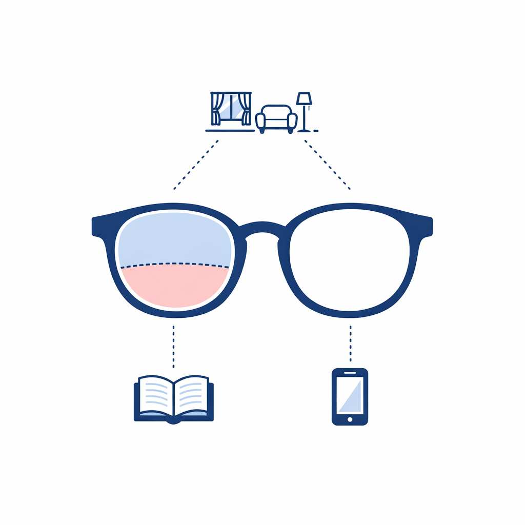 A simple bifocal lens diagram shows distance at the top and reading in the lower segment.