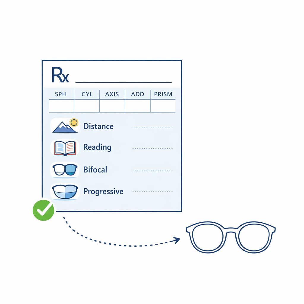 A simplified prescription form sits beside lens icons showing distance, reading, bifocal, and progressive choices.