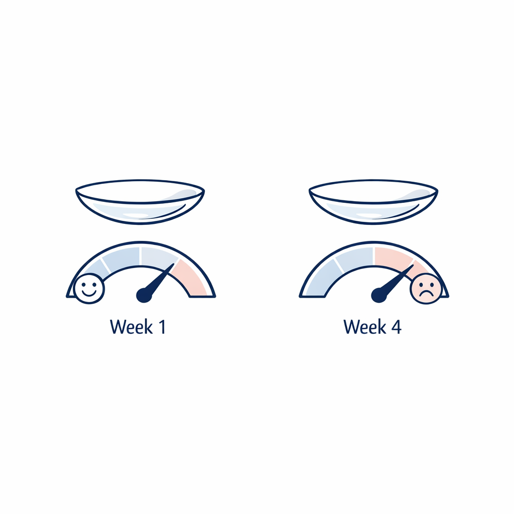 Two simple lens icons compare early-month and late-month comfort with a subtle decline line.