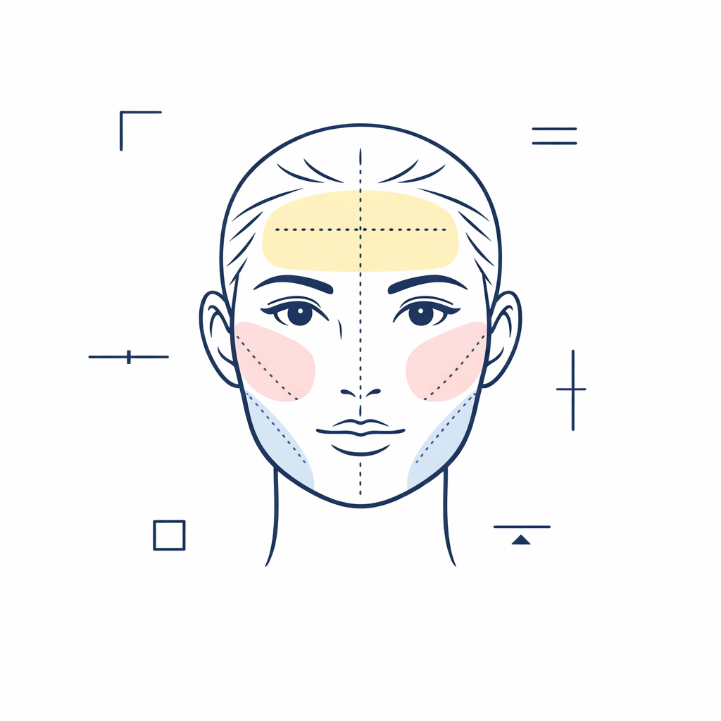 Line-art face diagram highlights forehead, cheekbones, jawline, and face length for frame recommendations.