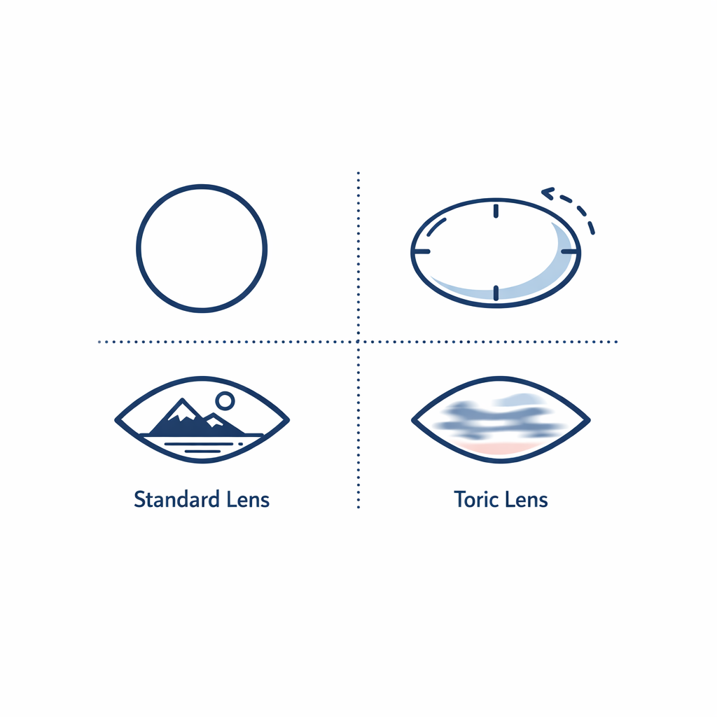 A toric lens is compared with a standard lens using simple rotation and clarity cues in clean line art.