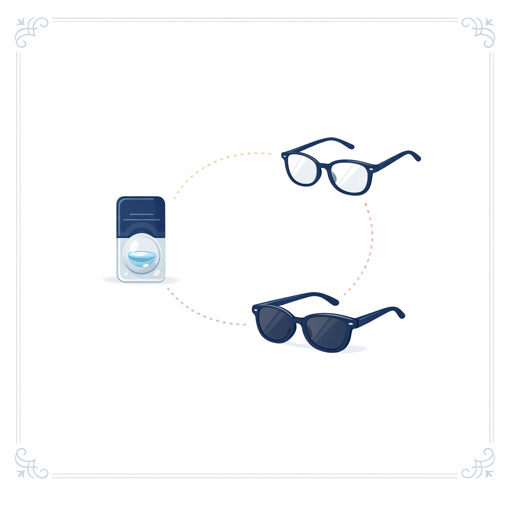 Contacts, eyeglasses, and sunglasses form a simple system for work, travel, and outdoors.