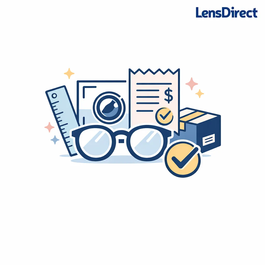A final clean composition combines frame, lens, fit, savings, and support icons into one smart order graphic.