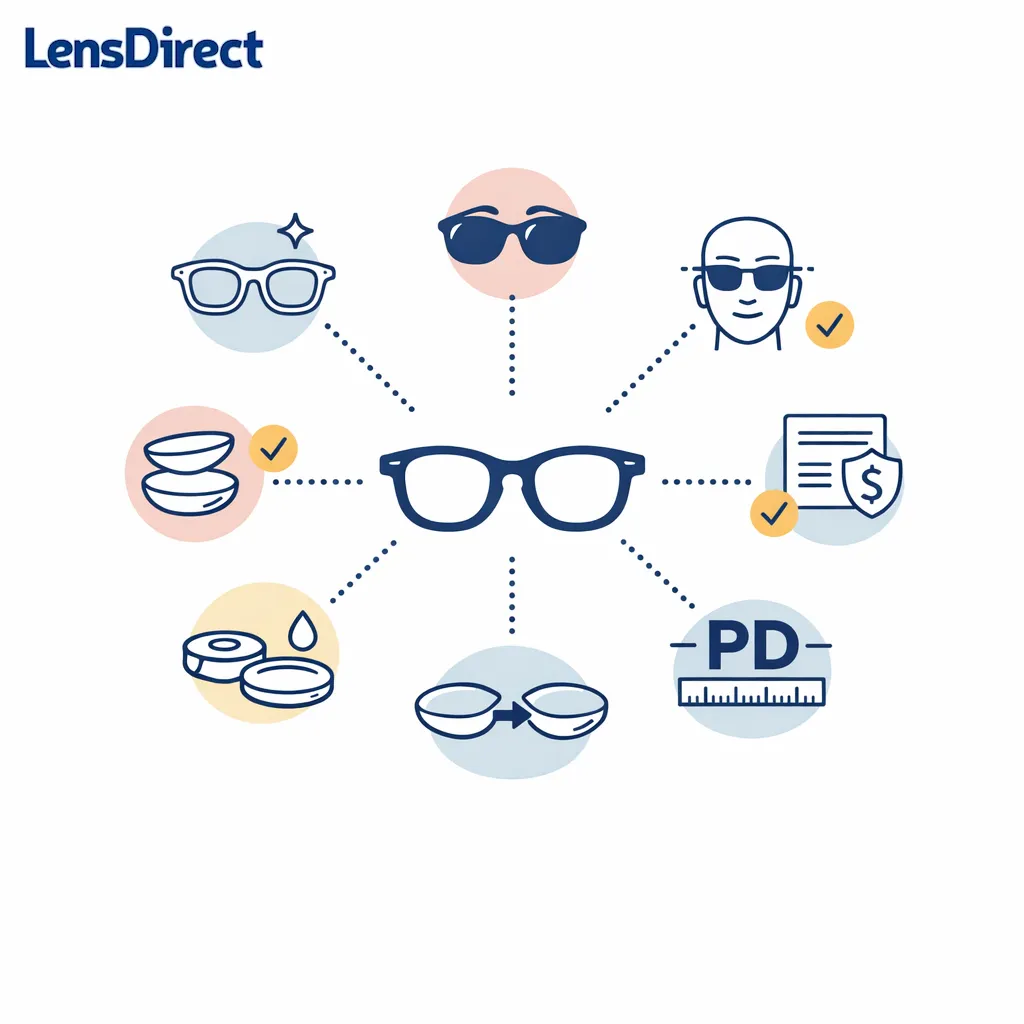 A clean central hub branches to new glasses, sunglasses, fit help, insurance, PD, and lens replacement paths.