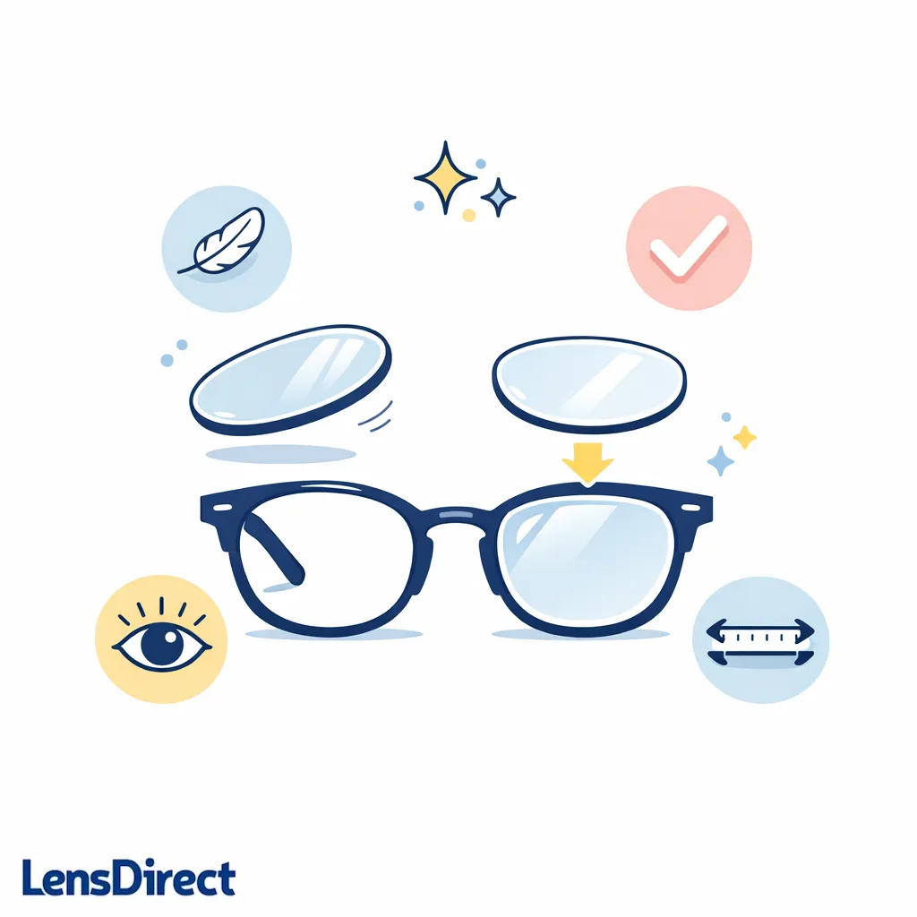 Minimal glasses and replacement lens elements suggest an easy next step for updating bifocal or progressive lenses.