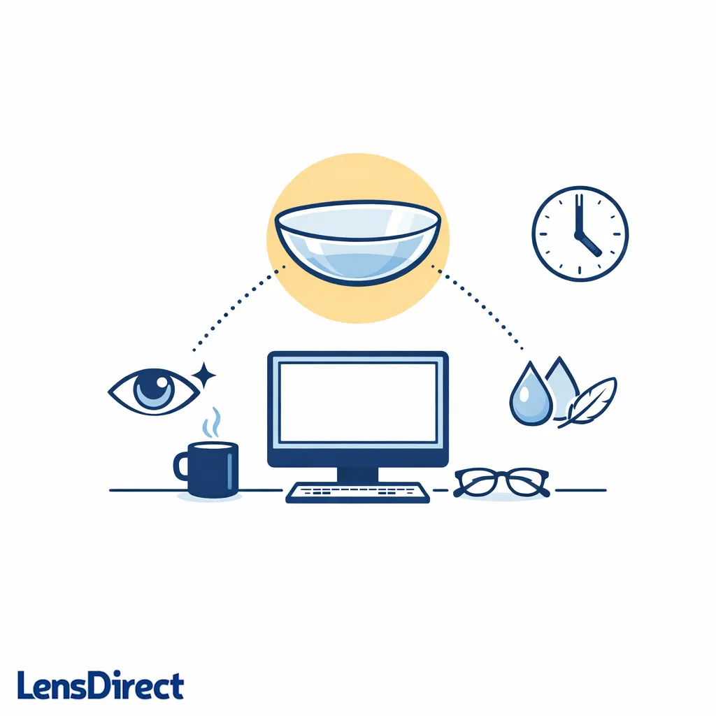Line-art desk scene with a contact lens and screen icons suggesting comfort for long workdays.