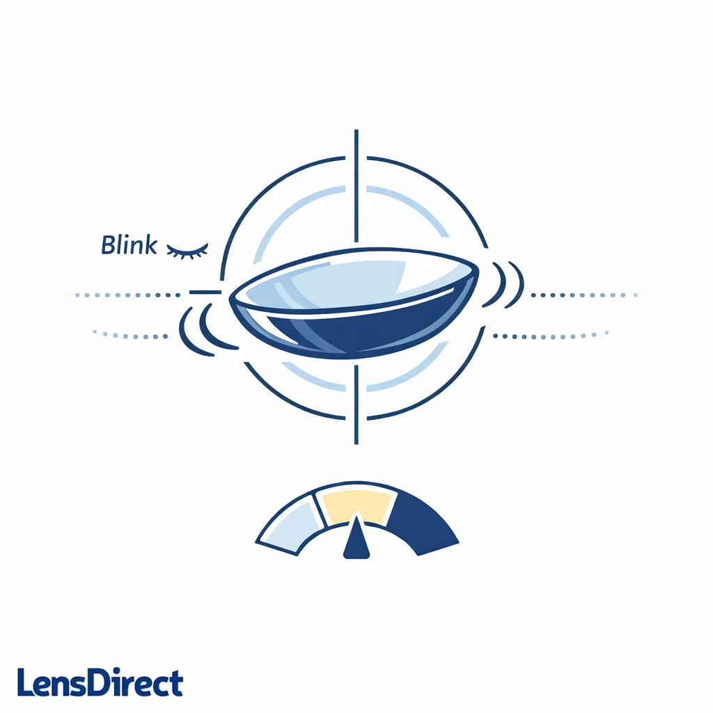 A toric lens with motion lines and a calm focus target shows why blink stability matters.