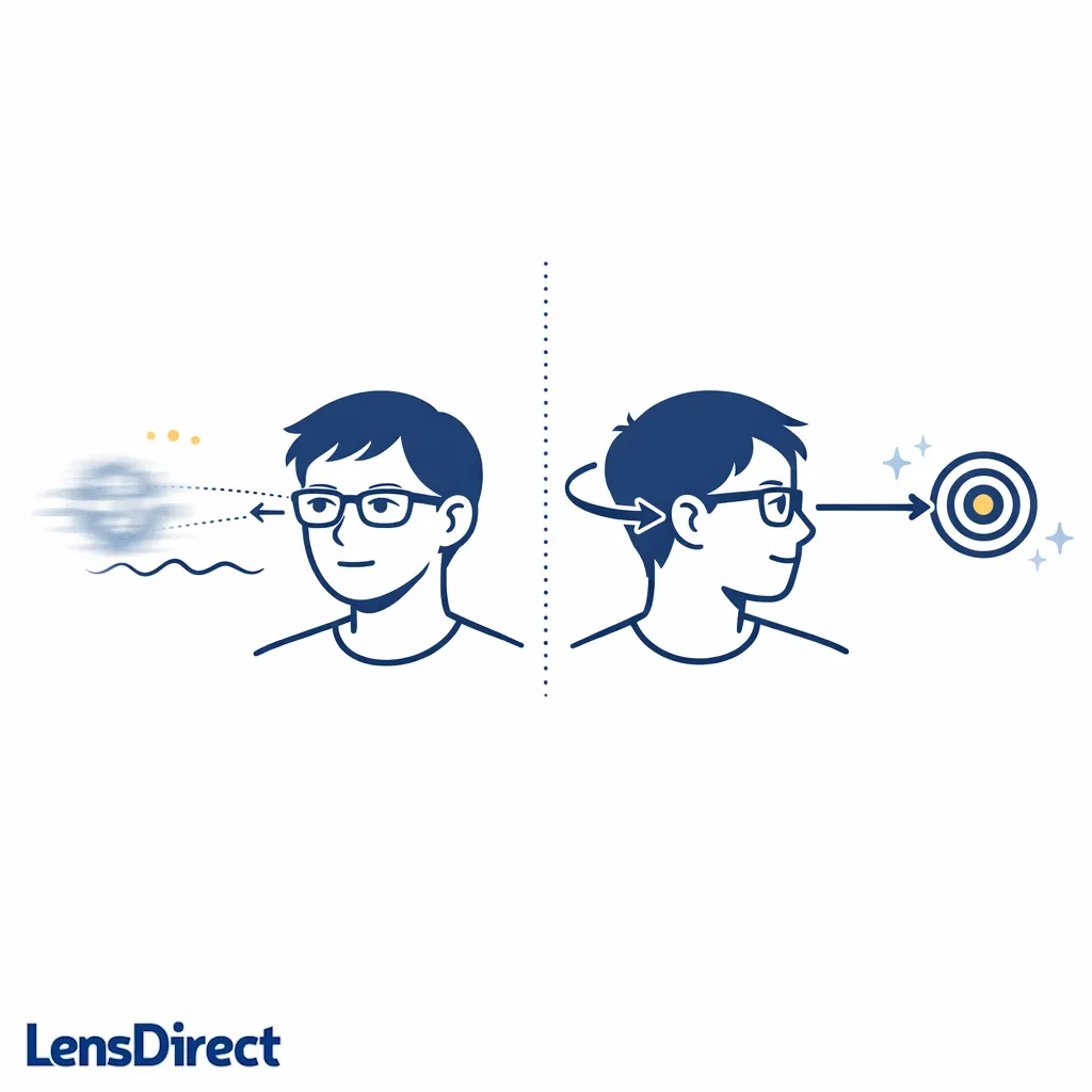 Line art shows a person turning their head toward a target to find the clearest viewing zone.