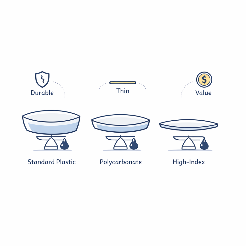Three lens types are shown as simple stacked samples comparing standard plastic, polycarbonate, and high-index.