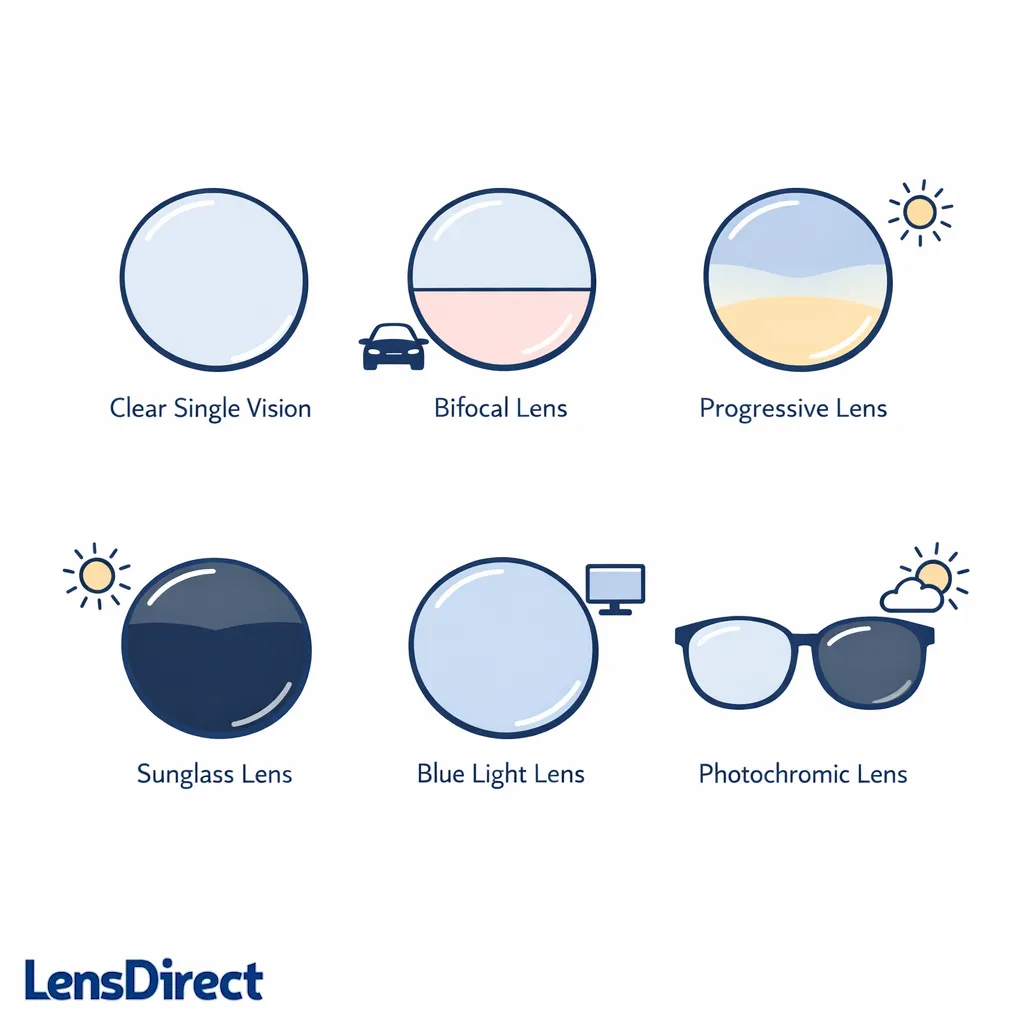 Different lens types appear as simple colored lens samples linked to daily needs like driving, screens, and sun.