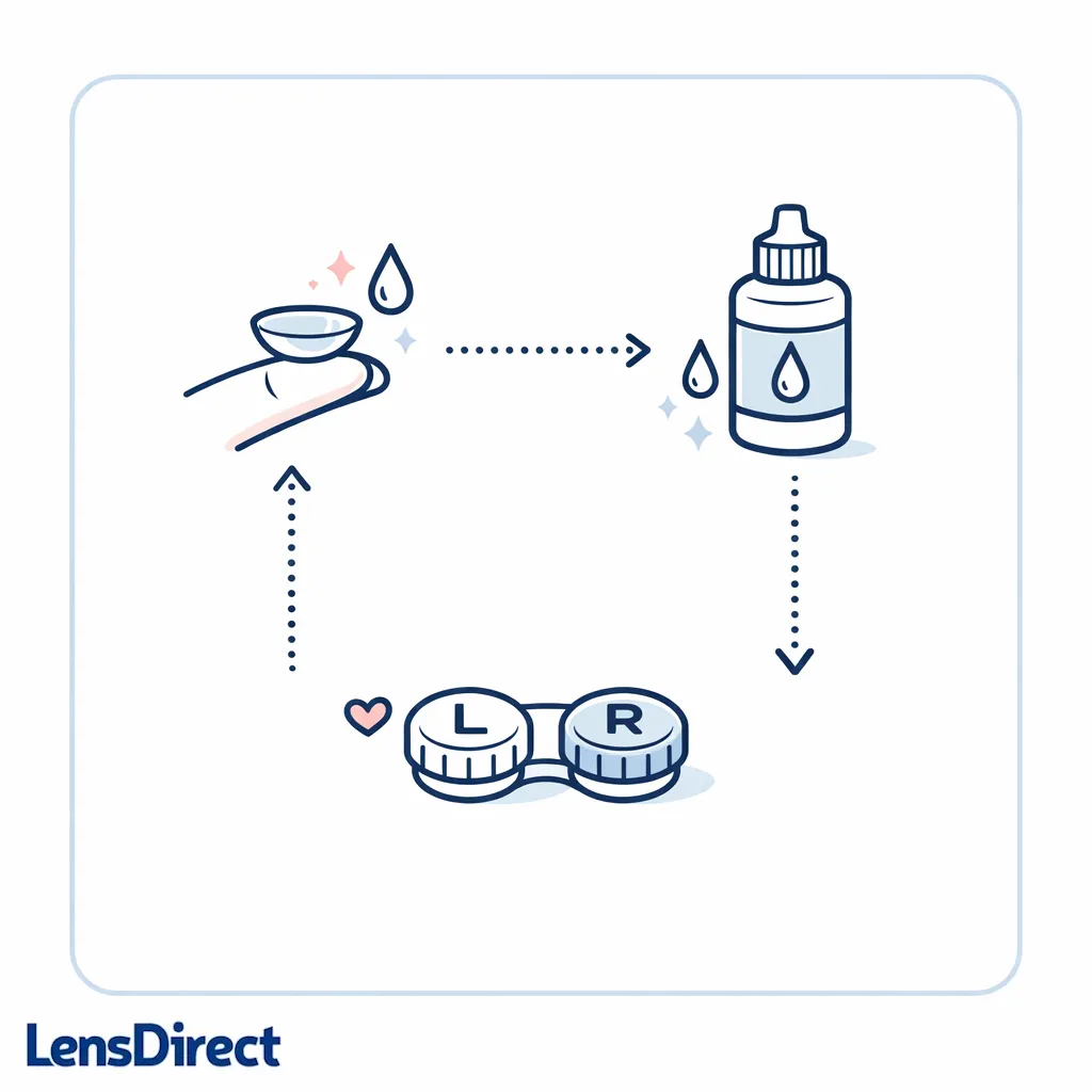 A step-by-step lens case and solution setup shows the easy nightly care routine for reusable contacts.