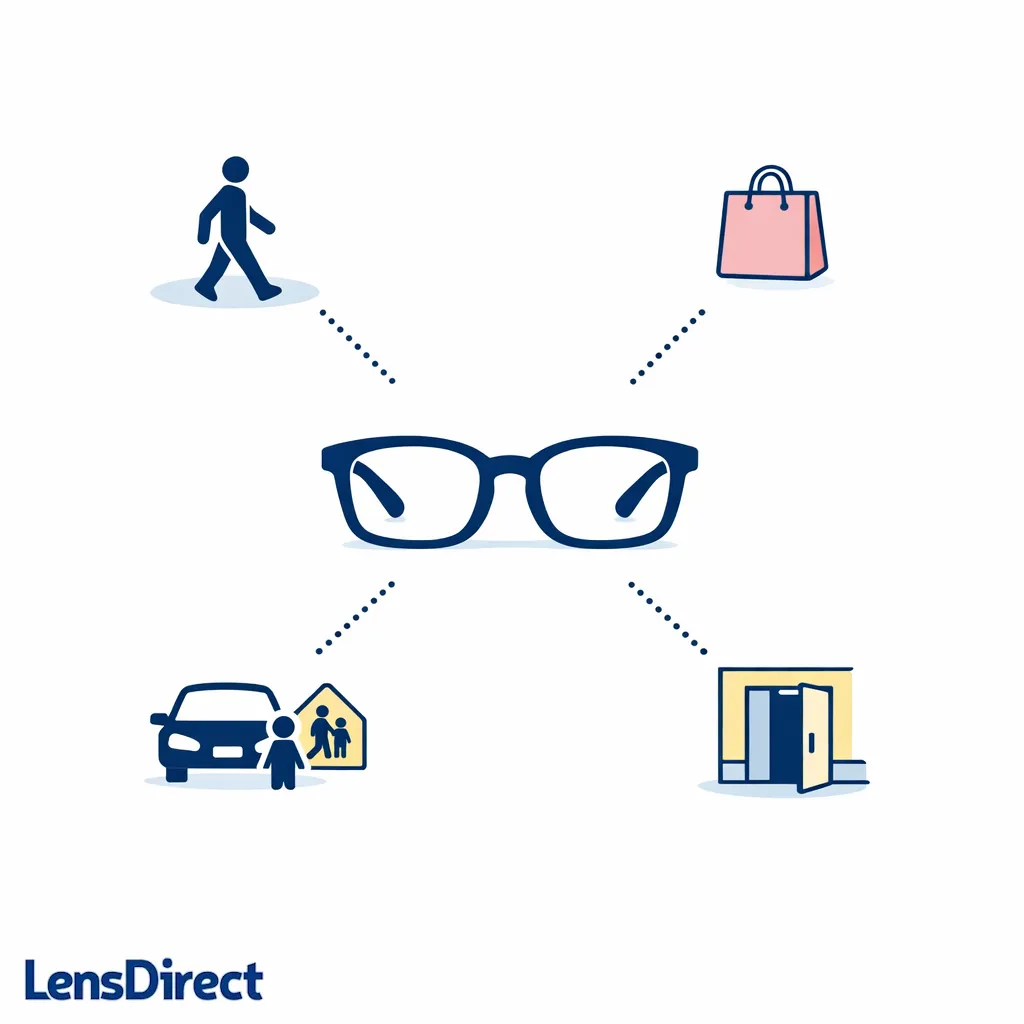 A central glasses illustration connects to simple everyday moments like walking, errands, and school pickup.