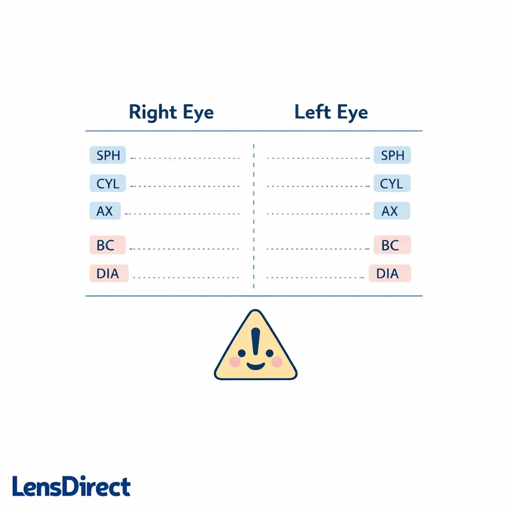 A clean prescription card highlights sphere, cylinder, axis, base curve, and diameter with each eye shown separately.