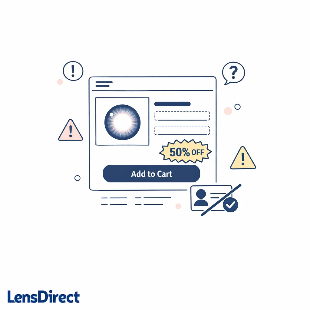 Warning icons surround a suspicious lens listing with missing prescription and product details.