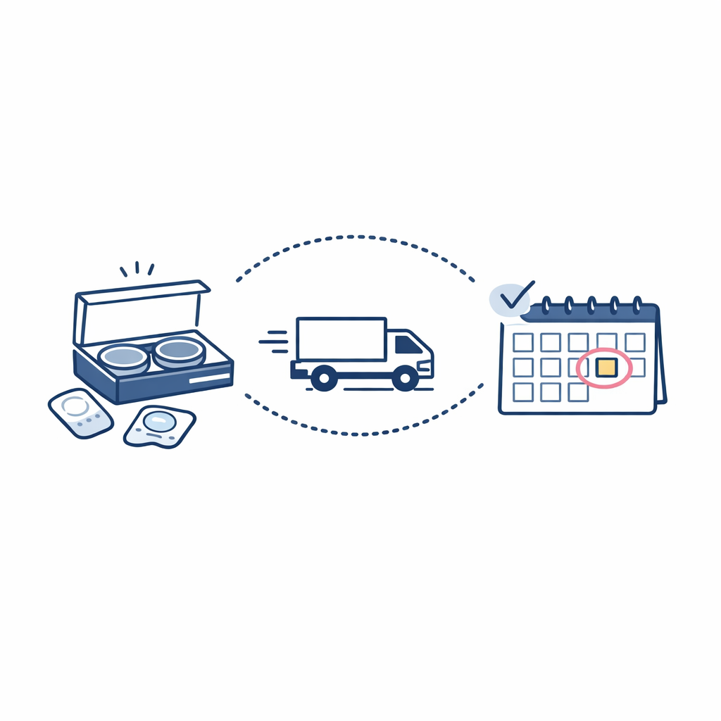 A contact lens box, delivery truck, and countdown cue illustrate why visible shipping timing matters.
