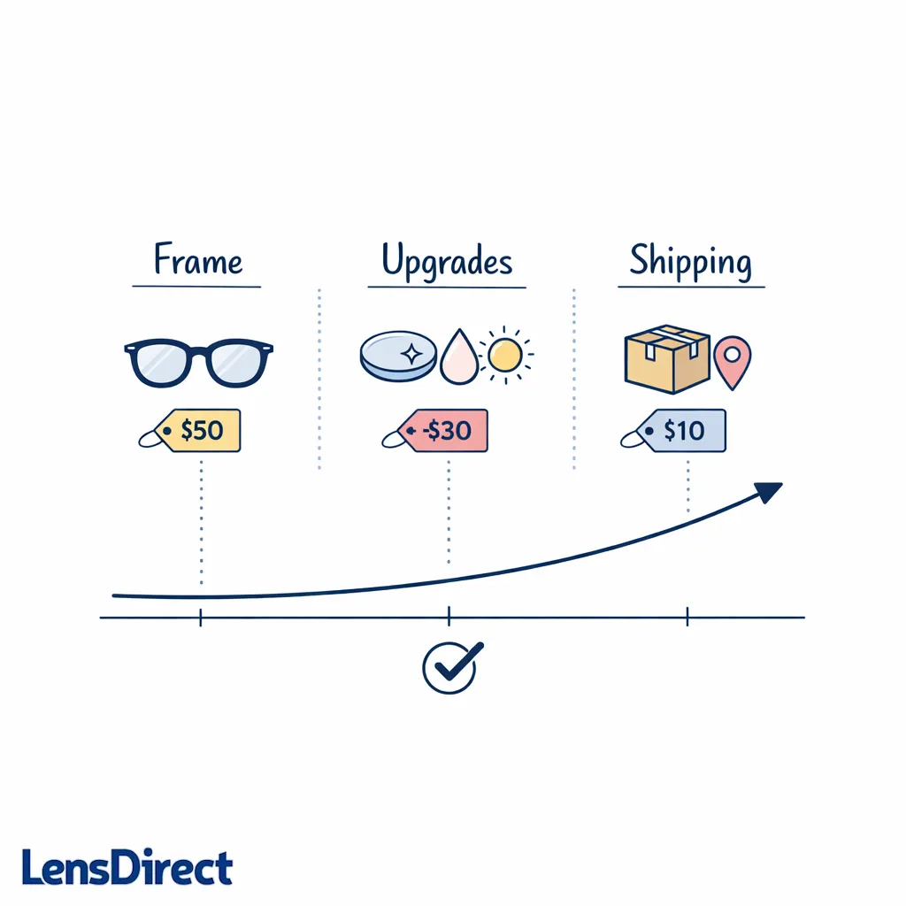 Three balanced buckets compare frame cost, lens upgrades, and shipping in a simple value-focused diagram.