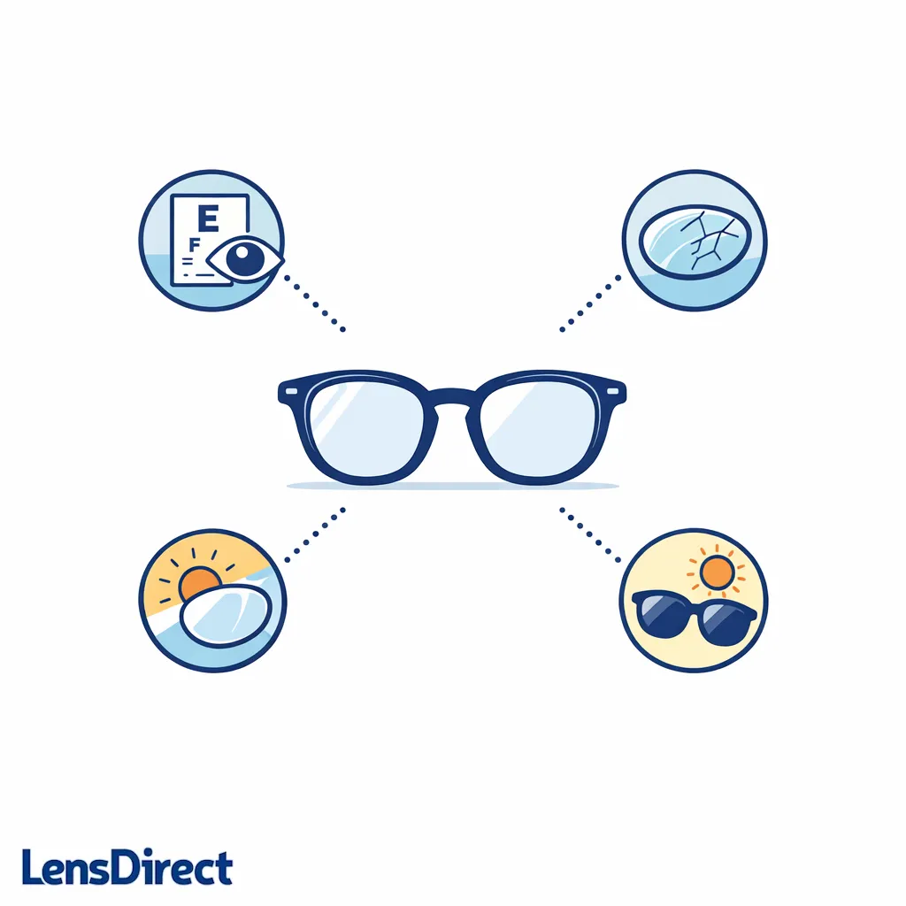 A lens update diagram shows scratched and outdated lenses changing to clear and sun-ready options.