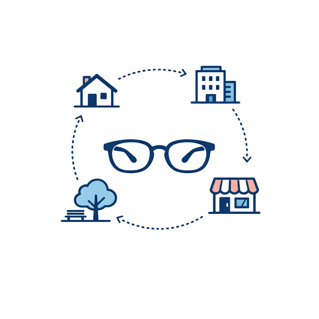 A simple daily path links home, office, sidewalk, and store around one adaptive pair of glasses.