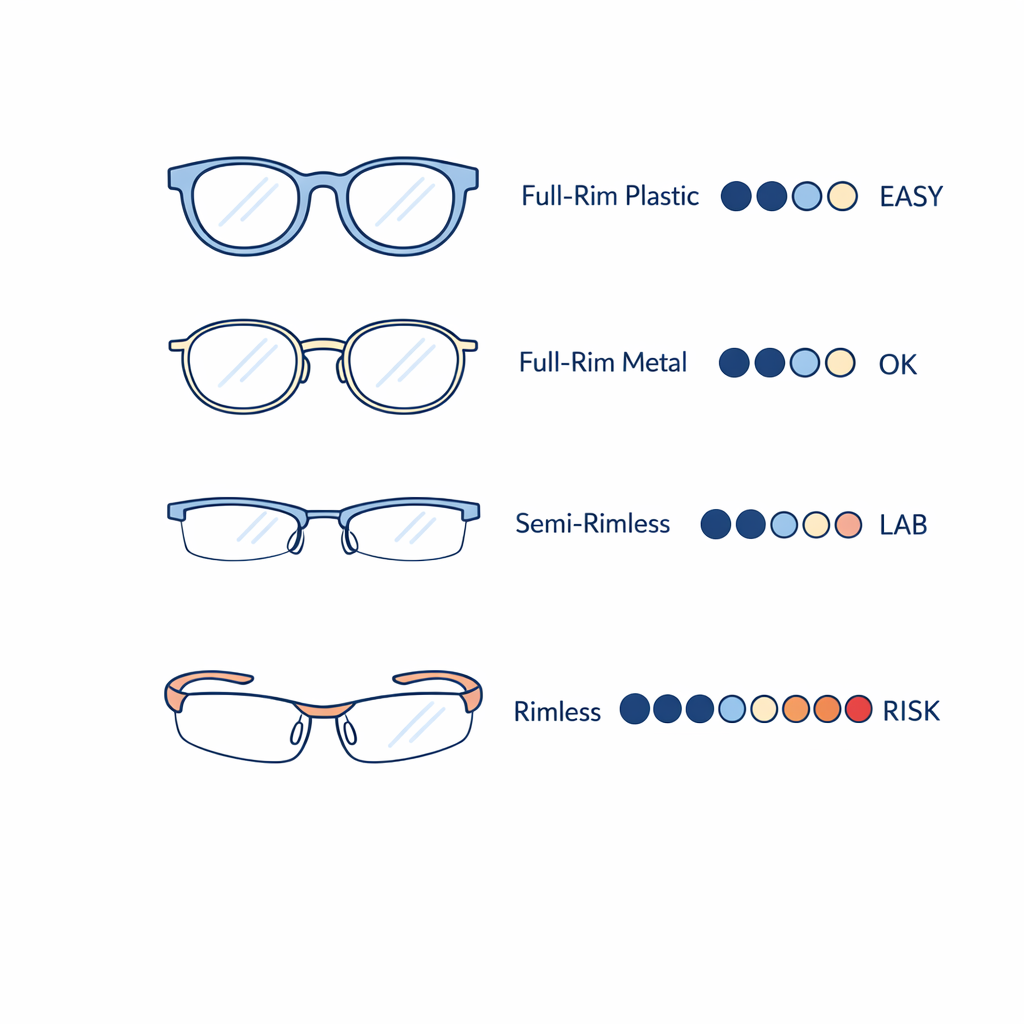 Different frame styles are ranked from easiest to riskiest for lens replacement.