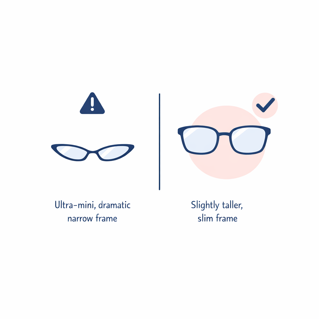 A simple visual showing a practical slim frame beside an extreme tiny trend frame.