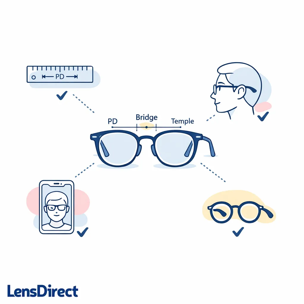 A frame diagram combines PD, measurements, virtual try-on, and side-view fit cues in one clean layout.