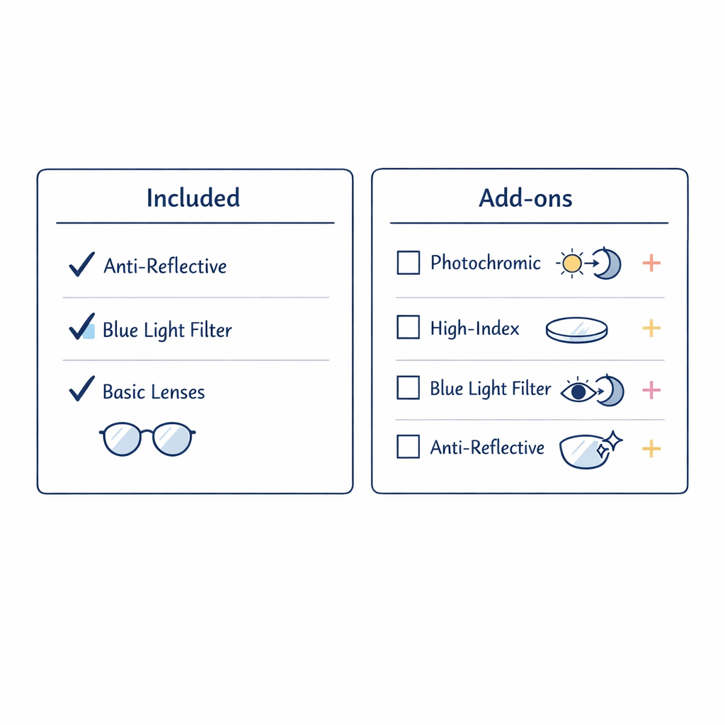 A side-by-side lens card compares what is included by default versus extra add-ons at checkout.