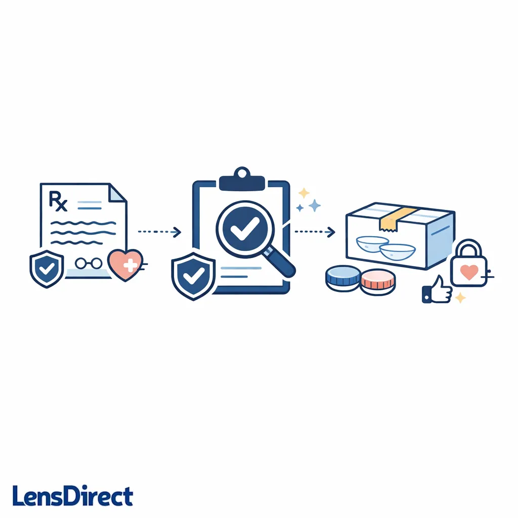 A prescription sheet, doctor confirmation icon, and contact lens pack show safe and legitimate verification.