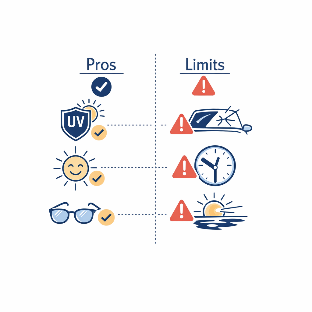 A clean split layout compares the main benefits and drawbacks of transition lenses.