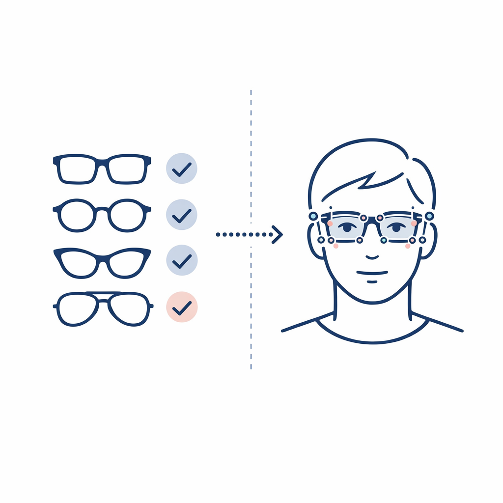 A split illustration compares a ranked frame list with an AR glasses overlay on a face.