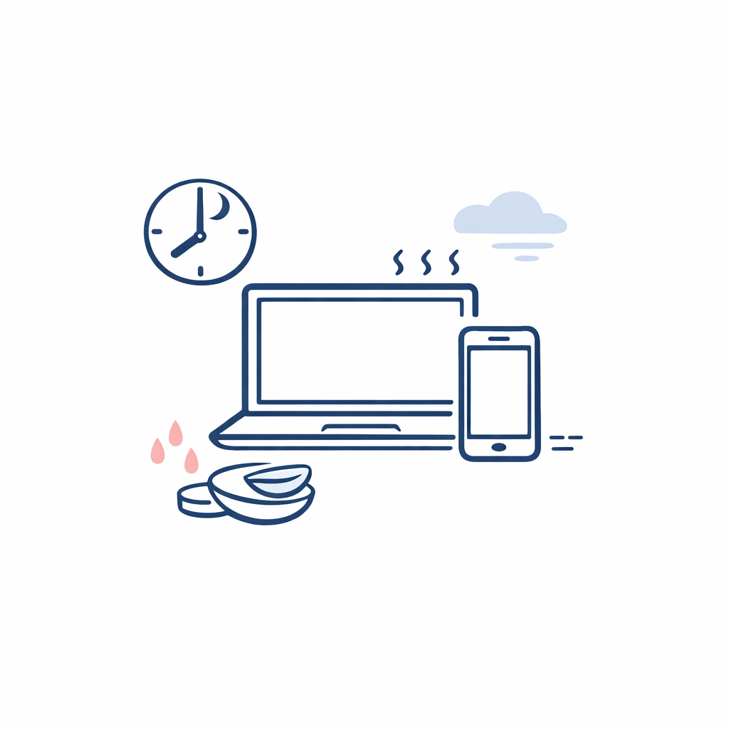 A laptop, phone, and lens icon show evaluating comfort at the end of a screen-heavy day.