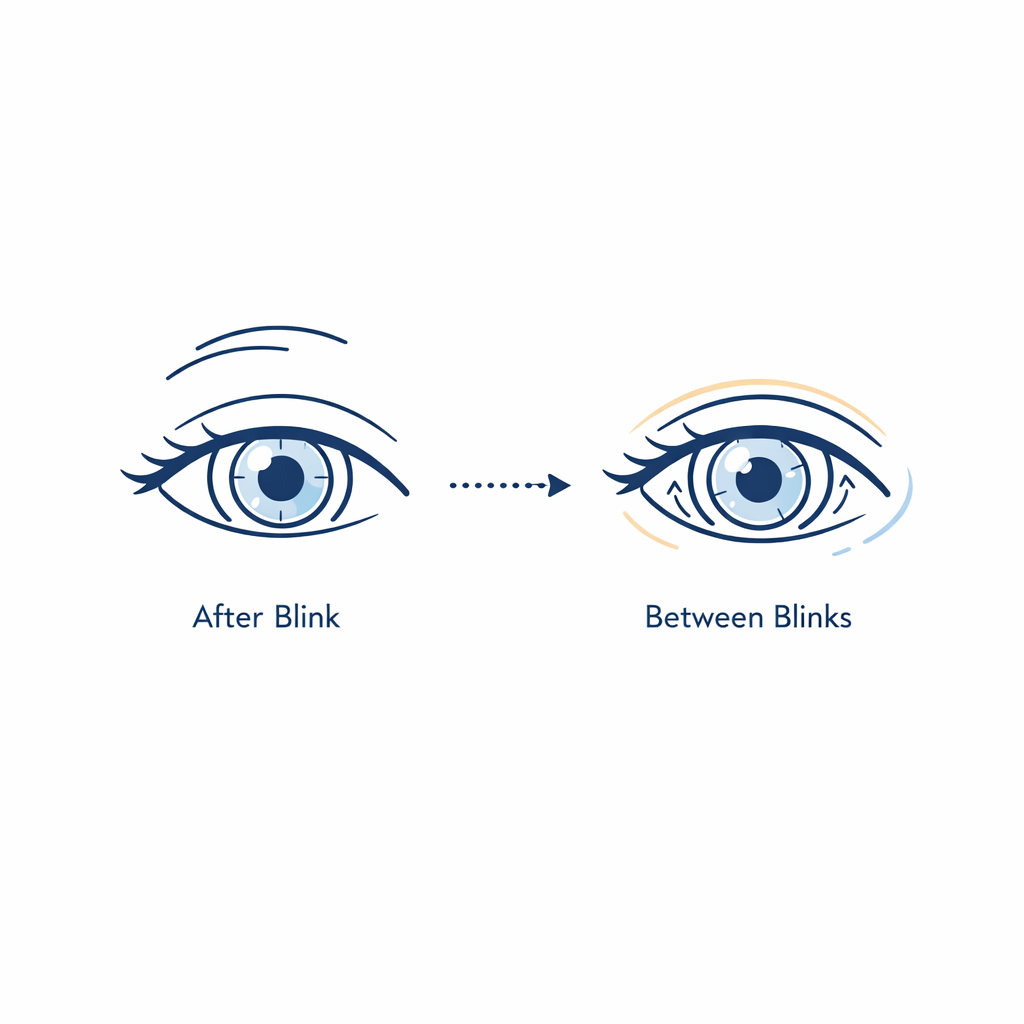 A lens and an eye diagram show clear vision staying steady between blinks with minimal motion indicators.