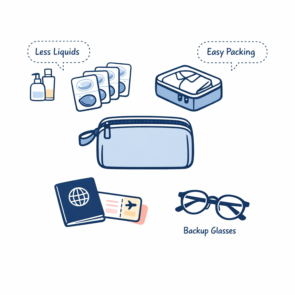 Simple packing layout with daily contact packs, passport, glasses, and a carry-on friendly setup.