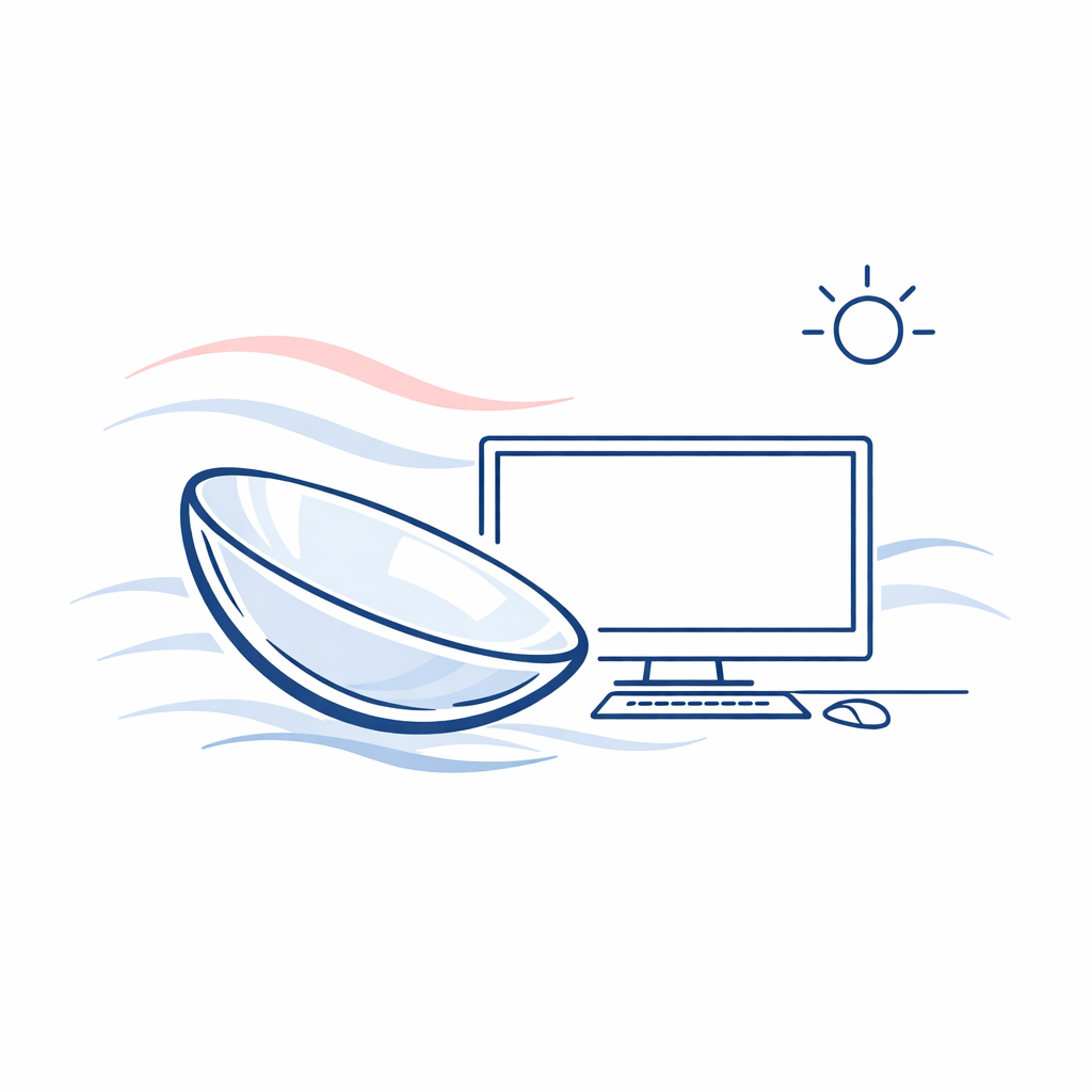 A lens beside a monitor icon highlights comfort-focused biweekly wear for long desk and screen-heavy days.