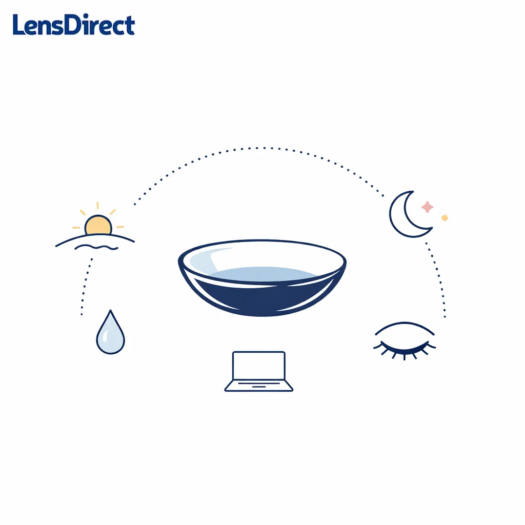 A clock arc and a contact lens illustrate comfort from morning to evening in a simple centered layout.