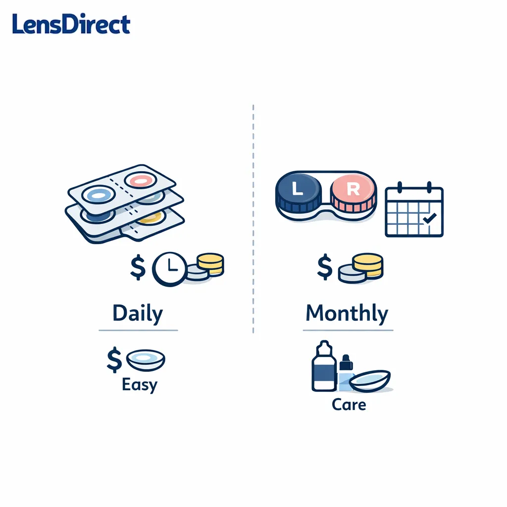 Two lens routines compare daily and monthly options with cost, convenience, and frequency icons.