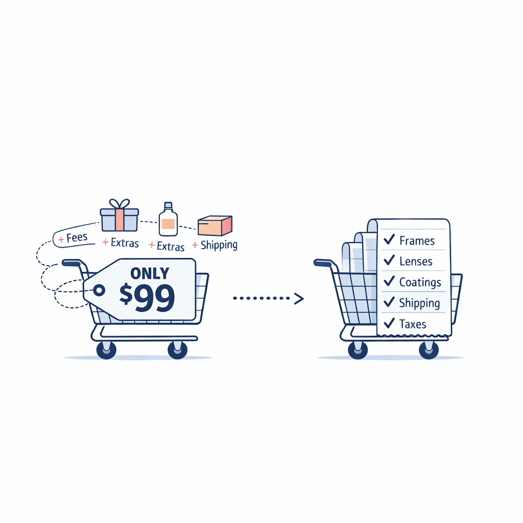 Two shopping carts compare a cheap frame listing with a clearer full total including lenses and coatings.