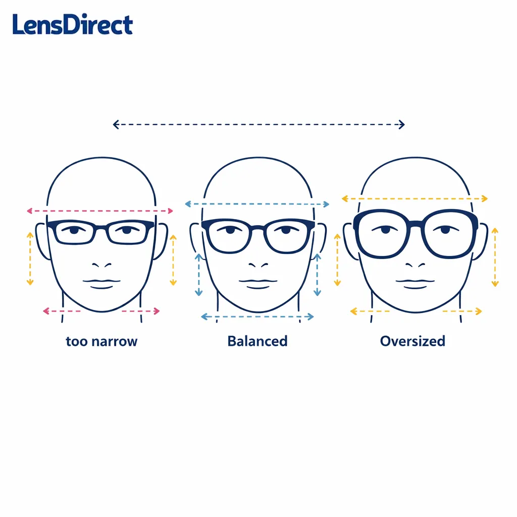 Three glasses sizes on one face show how too narrow, balanced, and too oversized proportions compare.