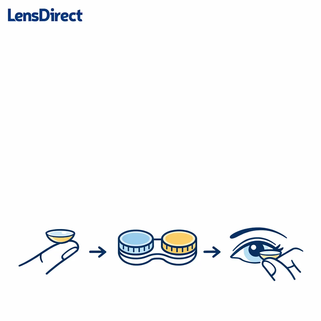 Hands, a lens case, and a contact lens illustrate insertion and removal as part of overall value.