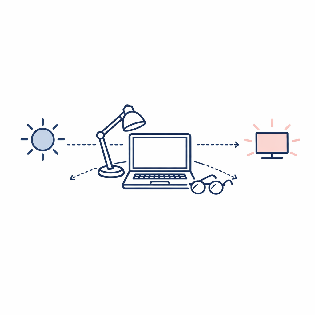 A laptop and glasses diagram shows screens are a separate comfort issue from outdoor light changes.