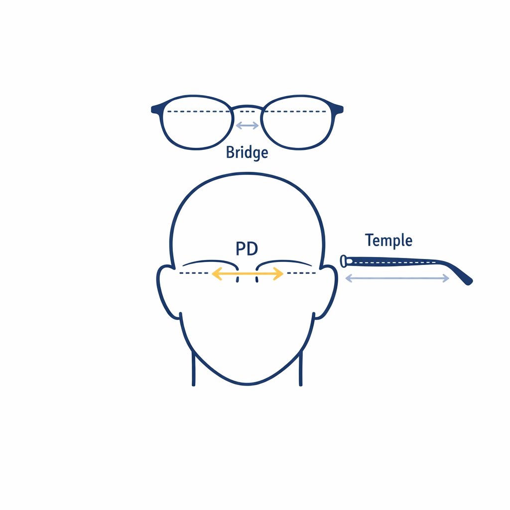 A face outline and eyeglass frame diagram highlight PD, bridge, and temple measurements in simple line art.