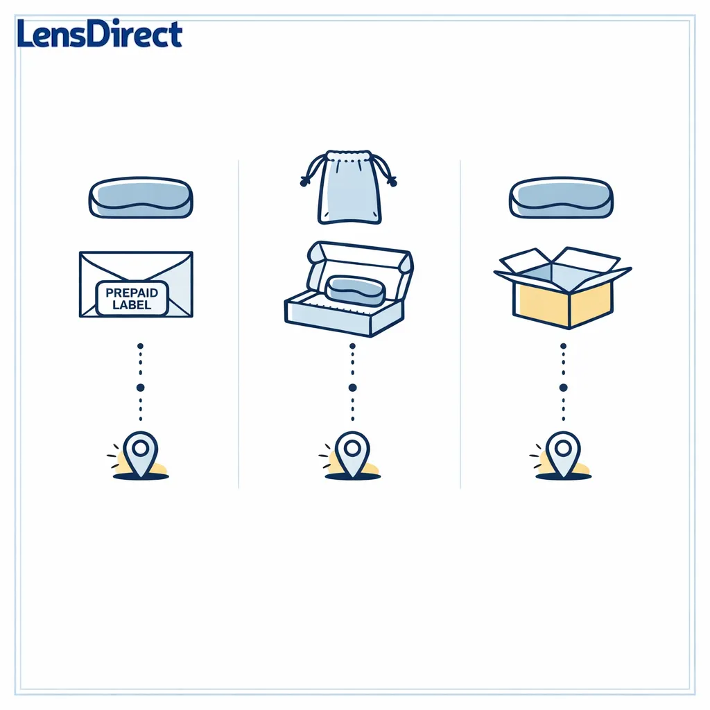 Three shipping paths compare prepaid label, mailer kit, and self-ship with simple packaging and tracking icons.