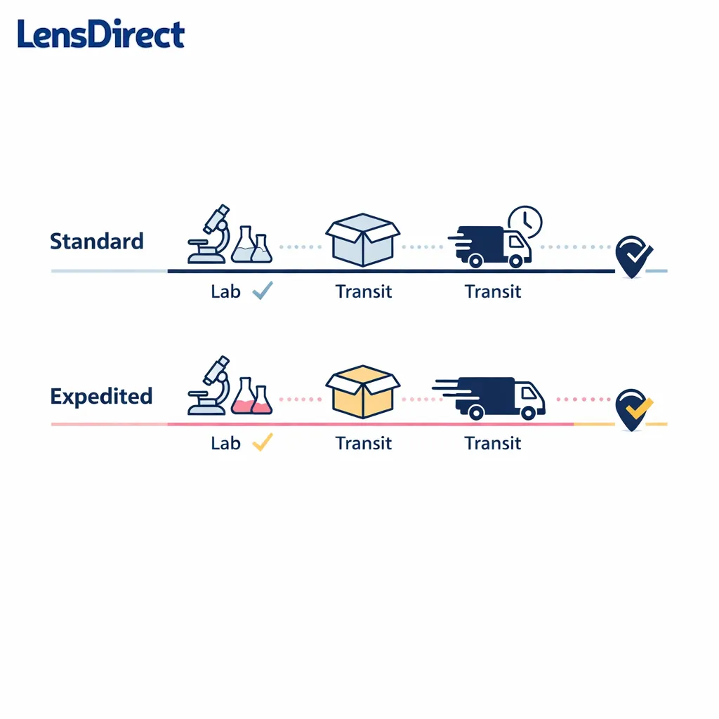 A simple timeline contrasts standard and expedited glasses delivery with production and transit time shown separately.