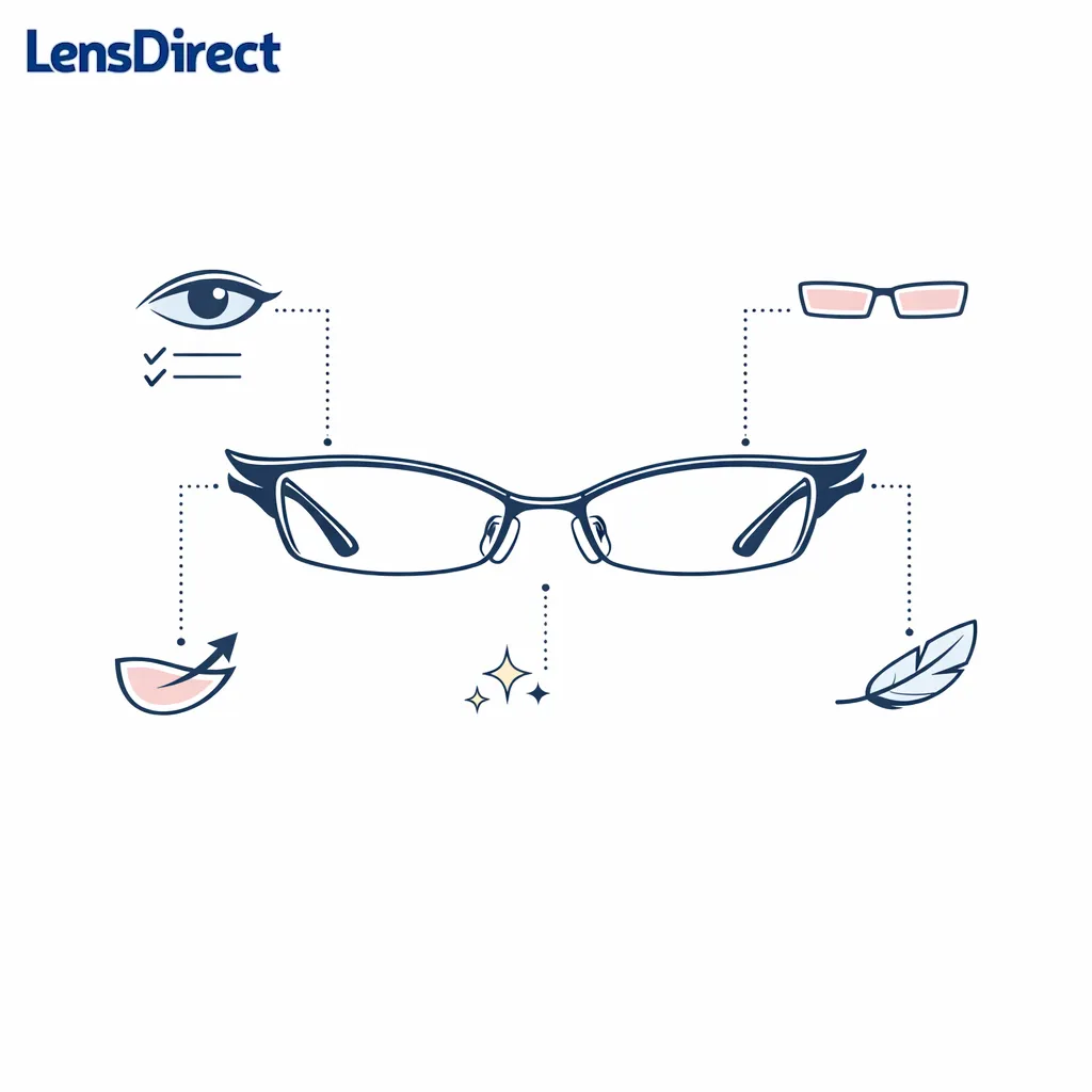 A centered glasses diagram with subtle callouts for slim lenses, sharp corners, and polished finishes.
