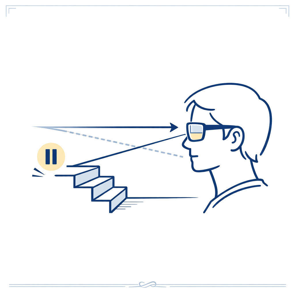 A person in glasses pauses at stairs while using the distance portion of the lens for safer footing.