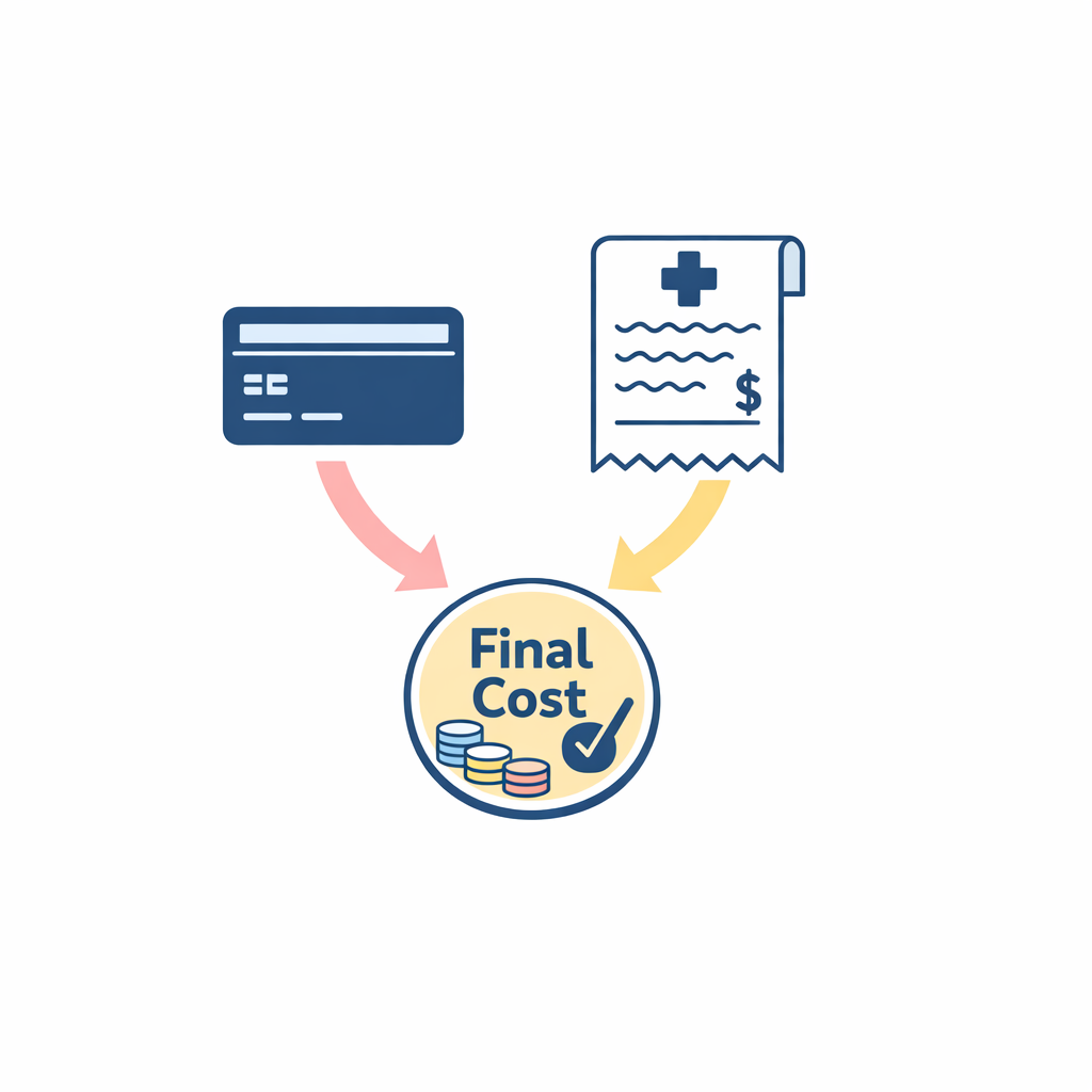 Cards, receipt, and reimbursement symbols show benefits can lower real out-of-pocket contact costs.