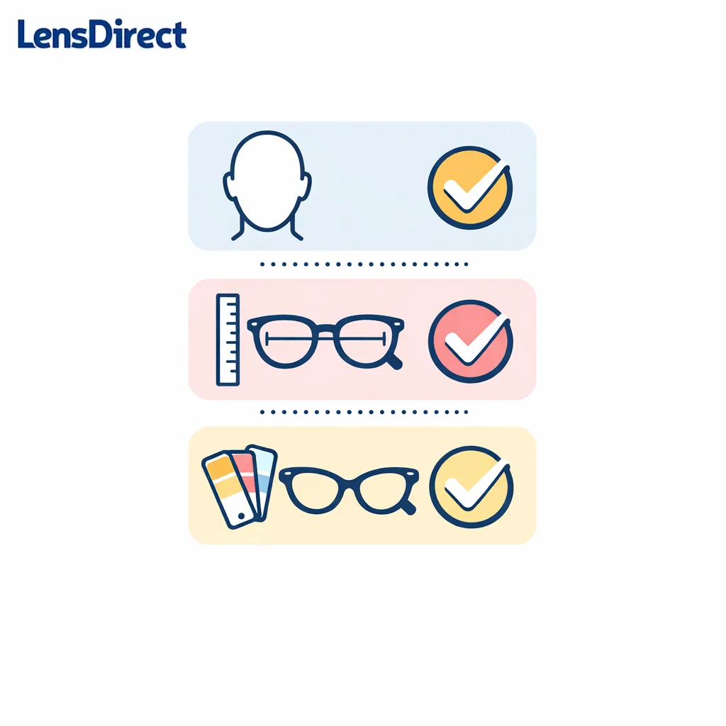A balanced checklist highlights face shape, frame width, and visual style matching.