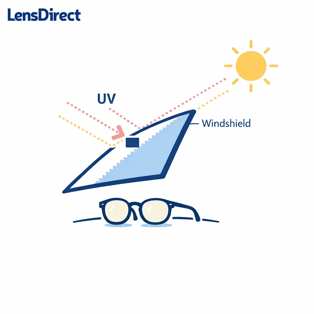 A windshield diagram explains why standard transition lenses stay lighter during daytime driving.