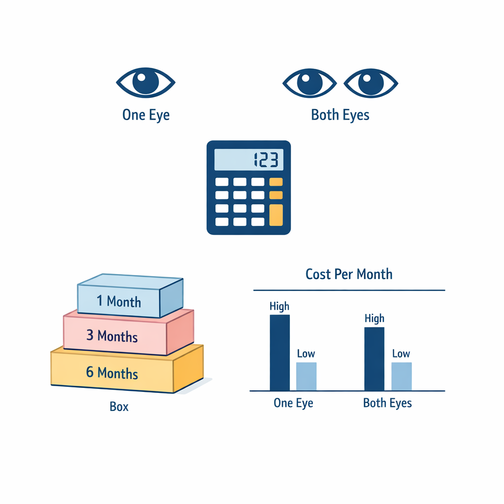 A clean calculator and two-eye cost chart explain why box price alone can mislead shoppers.